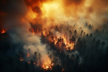 Fototapeta na wymiar Aerial view of a pine forest fire with flame and smoke
