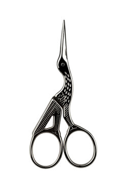 recommend clip art: small metal nail scissors in the shape of a stork, isolated on a white background