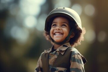 A child boy wearing a military uniform.  