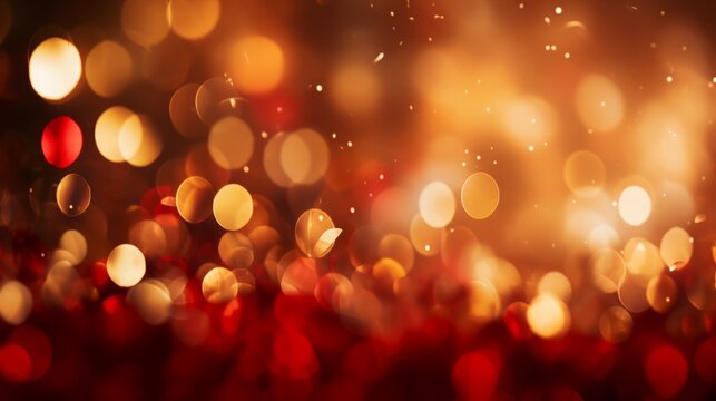 Abstract red background with gold blurred dots for design. Stylish perfect golden bokeh. Background for Christmas, Valentine's day