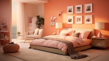 Stylish bedroom interior of fashionable Apricot Crush peach-orange color. Bedroom design with a bed, indoor plants, paintings - Powered by Adobe