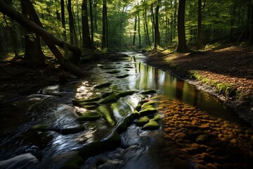 Obraz premium Background wallpaper featuring a sunlit forest stream