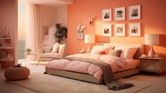 Stylish bedroom interior of fashionable Apricot Crush peach-orange color. Bedroom design with a bed, indoor plants, paintings