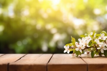 Nature's Palette: Showcase your product on wooden desk, enriched by twig of apple blossom, set against a sun-kissed natural backdrop. The perfect fusion of simplicity and seasonal charm. Generated AI