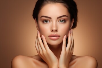 Glamour makeover concept. Captivating brunette, flawless skin, delicately touching her face, locking eyes with the camera against a lavish brown setting. Generated AI
