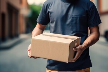 A man in casual attire strides down the street, clutching a cardboard box. The image resonates with the delivery or charity service theme, embodying the spirit of community support. Generated AI