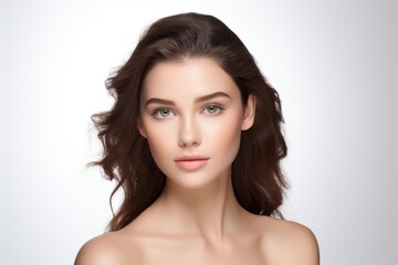 Fototapeta premium Radiant beauty scene. Photo of a captivating young brunette, flawless skin, confidently looking into the camera against a white backdrop. Generated AI
