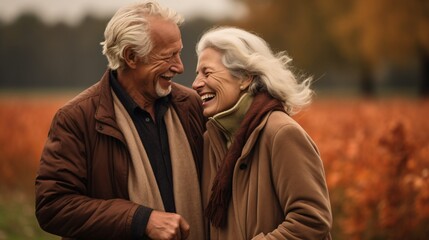 the older couple smile and laugh in an autumn field of dark beige and dark amber