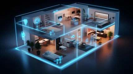 Foto op Canvas A futuristic AI smart home interior featuring augmented reality interfaces, with IoT devices seamlessly integrated for automated control and connectivity. © TensorSpark