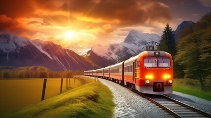 Fototapeta premium A locomotive pulls a passenger train along a winding road among the autumn forest and mountains. Suburban passenger train.