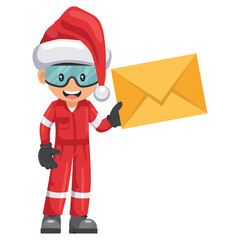 Industrial mechanic worker with Santa Claus hat with letter envelope for email. Merry christmas. Concept of communication, notification and contact. Industrial safety and occupational health