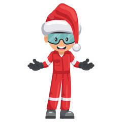 Industrial mechanical worker with Santa Claus hat  with open hands. Merry christmas. Supervisor engineer with his coverall. Safety first. Industrial safety and occupational health at work