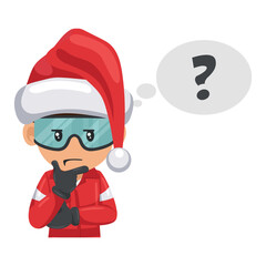 Engineer mechanic with Santa Claus hat thinking and expressing doubt in a new industrial project. Question sign for FAQ concept. Merry christmas. Industrial safety and occupational health at work