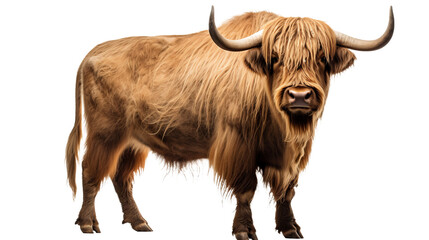 A yak with long hair and horns, isolated on transparent or white background