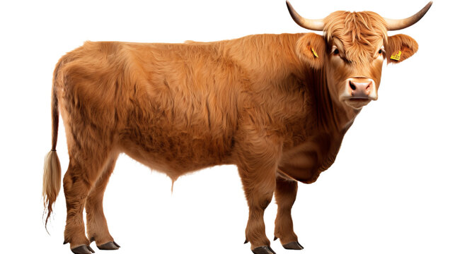 A brown cow with horns, isolated on transparent or white background