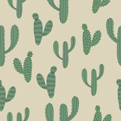 Seamless pattern with hand drawn cactus for your fabric, summer background, wallpaper, backdrop, textile. Vector illustration
