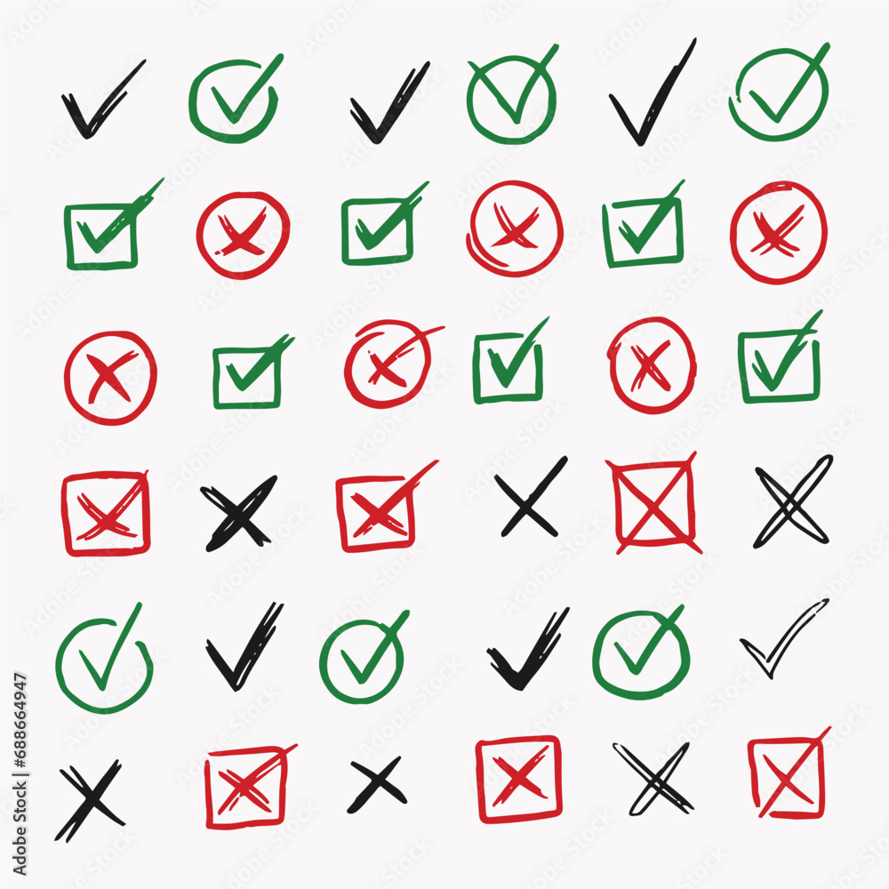 Fototapete hand drawn check signs. doodle v mark for list items, checkbox chalk icons and sketch checkmarks. ve