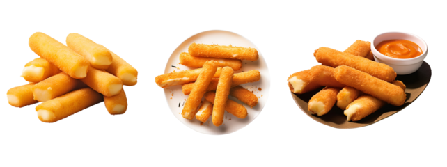 Set of Mozzarella Cheese Sticks Coated in Breadcrumb, Isolated on Transparent Background, PNG