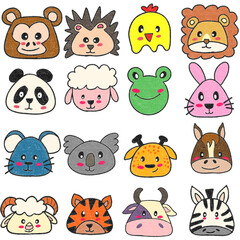 cute animal faces white background, clip art, animal face clip art