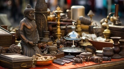 Trading of historical artifacts, A collection of valuable relics and obsolete items for purchase at the outdoor marketplace.