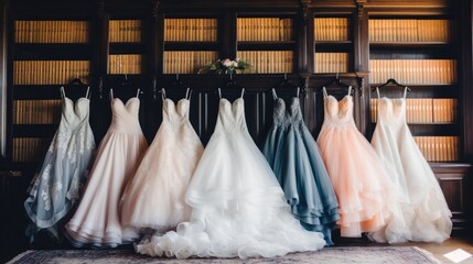 Colorful evening dresses hanging in a stylish wood indoor setting. Generative AI