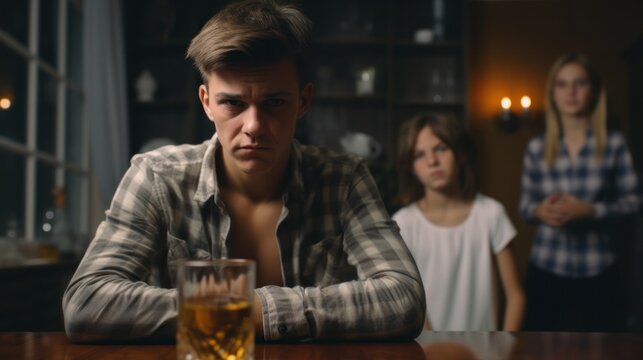 Unhappy Boy Witnessing Alcoholic Parent's Destructive Behavior