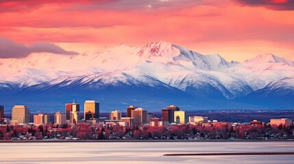 Vibrant Anchorage Alaska Skyline in Red, Featuring Cityscape with Colorful Buildings and Glowing...