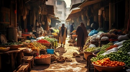 A vegetable market, city streets filled with traders, people earning money by selling food