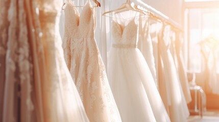 Collection of wedding dresses hanging on rack in dressing room. Generative AI - obrazy, fototapety, plakaty