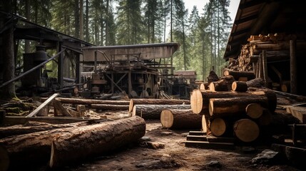 Fototapeta na wymiar Sawmill in the forest, felling of trees and production of boards