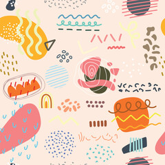 Seamless pattern with cute geomertic figure, dots, spots, line, grunge. Cartoon vector illustration.