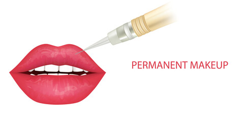 Permanent makeup process. Pigment under layers skin. Banner Process applying permanent tattoo makeup on lips in beautician salon.