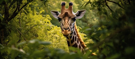 giraffe looking through a tall tree in the forest - obrazy, fototapety, plakaty