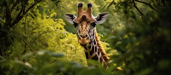 Raamstickers giraffe looking through a tall tree in the forest © Salander Studio