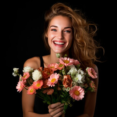 empowered happy woman holding flowers black background international woman's day