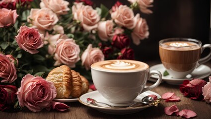 Fototapeta na wymiar cappuccino in a beautiful cup plus rich croissant and all this against the backdrop of a gorgeous bouquet of roses ai generated