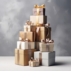 large pile of wrapped gifts on a clean modern studio background