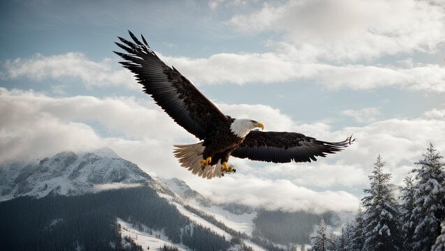 Eagle flying in the sky above Theo mountains,snowy,forest under the mountain ai generated