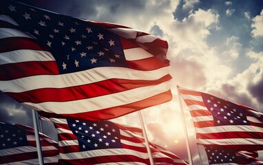 National American flags on the background of the sky