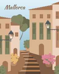 Mallorca, part of the Balearic Islands in the Mediterranean Sea, Spain. Typical village in Majorca with romantic alleys and terracotta houses. Minimalist travel and tourism concept. Hand drawn vector.