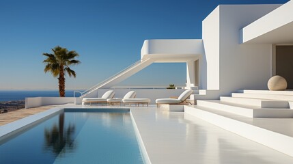 Modernist White Villa Overlooking the Sea.
White villa with modernist design featuring a pool and overlooking the sea.