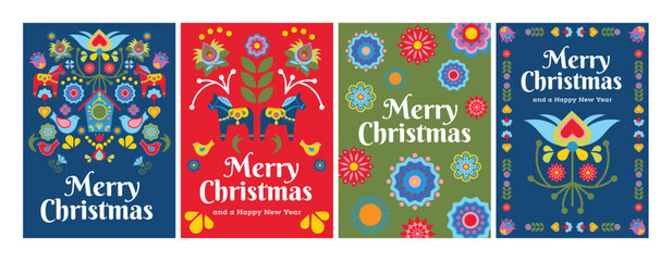 Scandinavian Scandi Folk Art Christmas Xmas Card Poster Flyer Template Design - obrazy, fototapety, plakaty