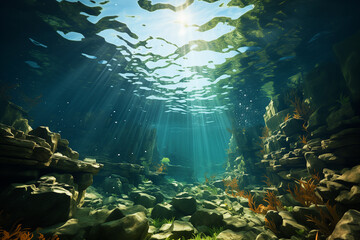 Seascape undersea. An underwater landscape with a seabed. Sunlight sun rays through water. AI technology.