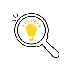finding ideas icon with thin line magnifier. concept of suggest simplicity or survey and studying process. flat linear simple trend modern visionery or aha moment logotype design isolated on white