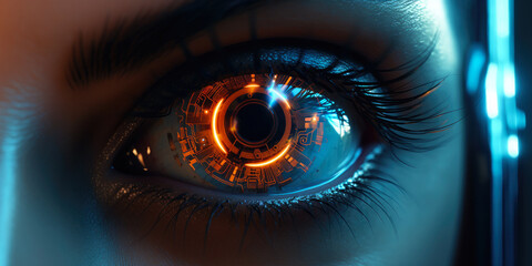 Close up of a sci-fi cyborg eye. Futuristic human eye technology - digital iris - obrazy, fototapety, plakaty