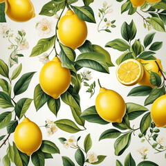 Set of illustrations of lemons. ripe lemon branches with green leaves on a white background for design. Lemon fruits, halves, leaves, flowers. Juicy drops. wallpaper cover and box design.