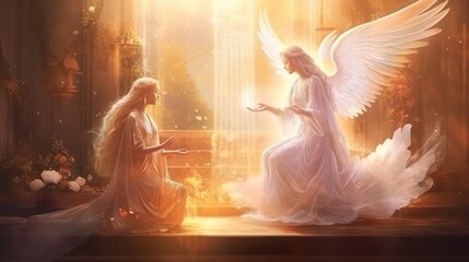 Woman with long hair on knees with stretched to holy hands receives annunciation of Blessed Virgin Mary. Annunciation of Blessed Virgin Mary gives strength to young woman kneels asking for help