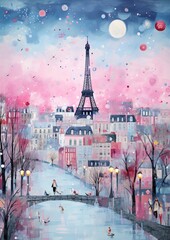 painting of Eiffel Tower with ballons bubbles in pink, aquamarine, blue