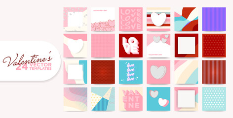 February Valentine's Day Background Design Collection. Striped, heart pattern, polka dot, paper cut hearts, waves. For social media posts, feeds, content creations, blog posts, Vector Illustration. 