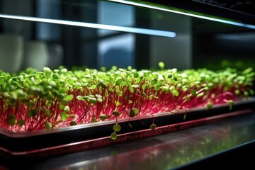 Red beetroot microgreen sprouts grown at home kitchen. Healthy eating concept - obrazy, fototapety, plakaty